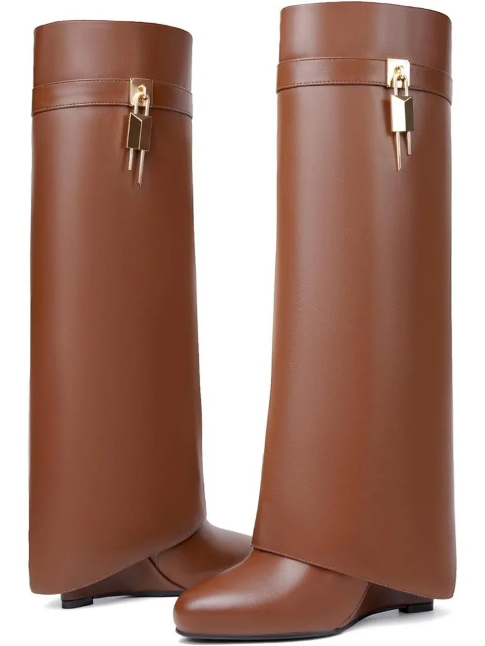 Women's Brown Pointy Pull-on Side Zipper Padlock Fold Over Knee High Boots